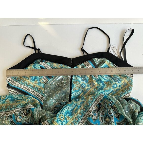 NWT BISOU BISOU Michele Bohbot Teal Scarf Tile Print Black Trim Maxi Dress 14 - Picture 12 of 15